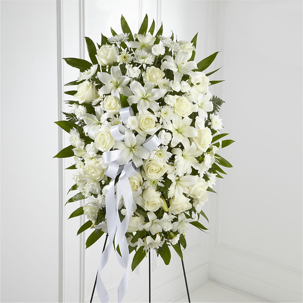 Exquisite Tribute Standing Spray-White Ribbon – Coleman Brothers Flowers Inc, Richmond VA