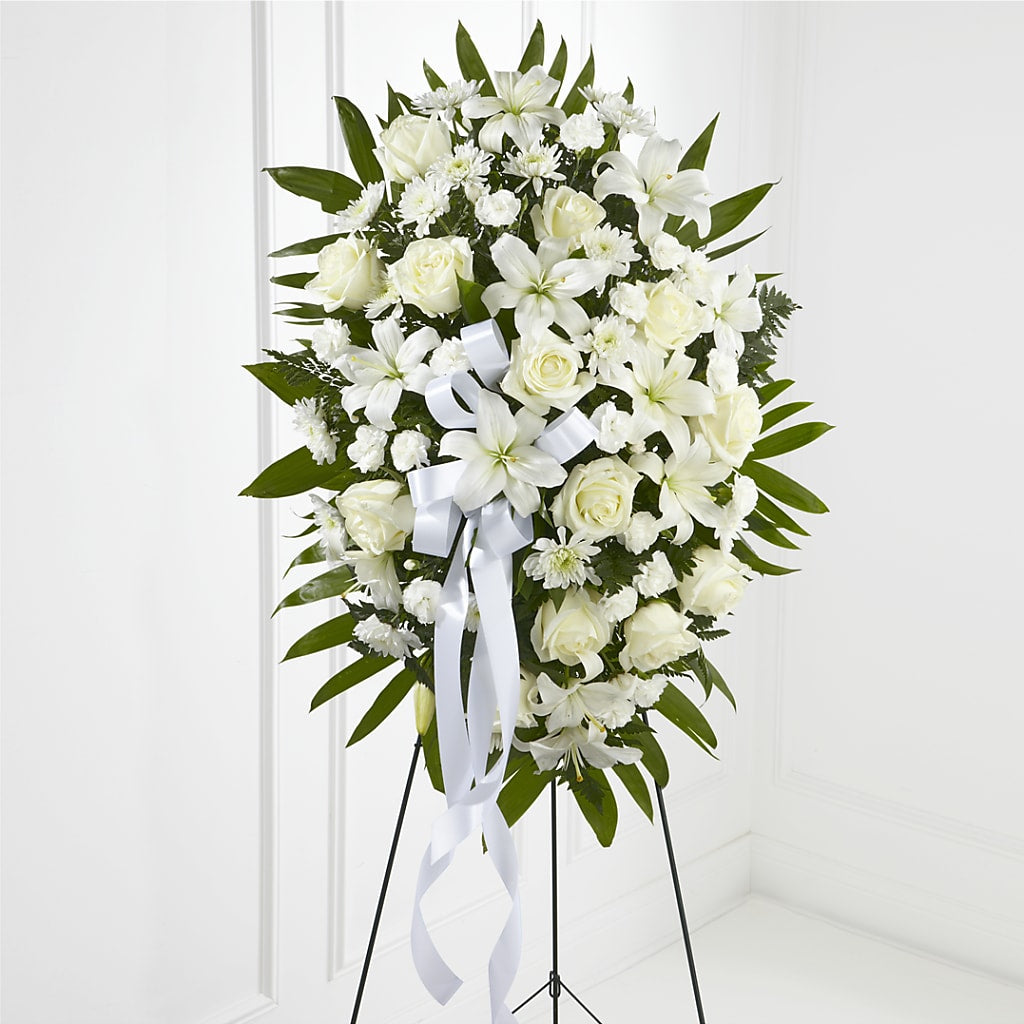 Exquisite Tribute Standing Spray-White Ribbon – Coleman Brothers Flowers Inc, Richmond VA